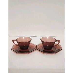 Hazel Atlas Moroccans Amethyst Cups & Saucers Purple Flared Octagon Vtg 4 Pc Lot
